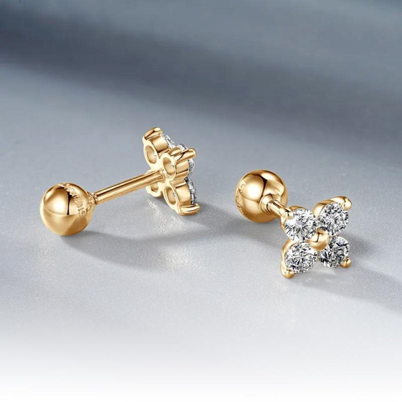 14K Gold - Four Leaf Clover Moissanite Stud Earrings