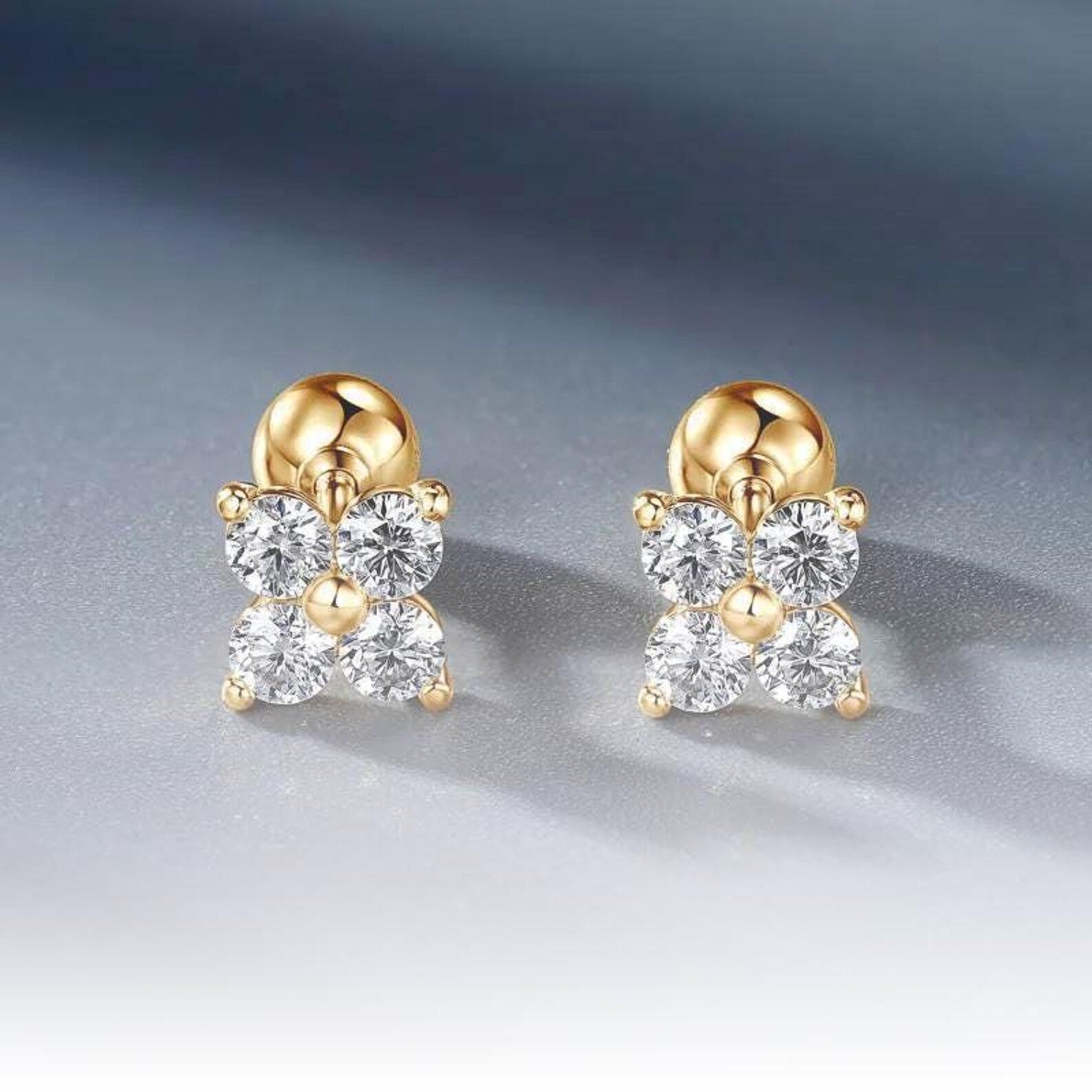 14K Gold - Four Leaf Clover Moissanite Stud Earrings