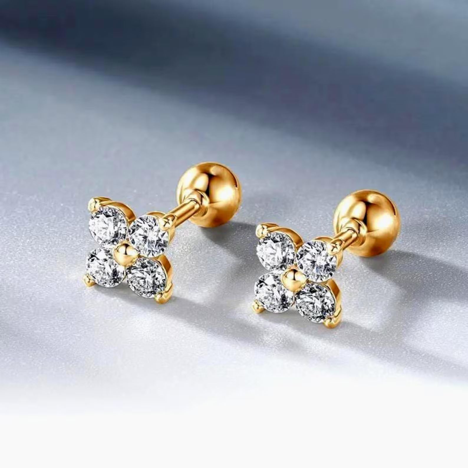 14K Gold - Four Leaf Clover Moissanite Stud Earrings