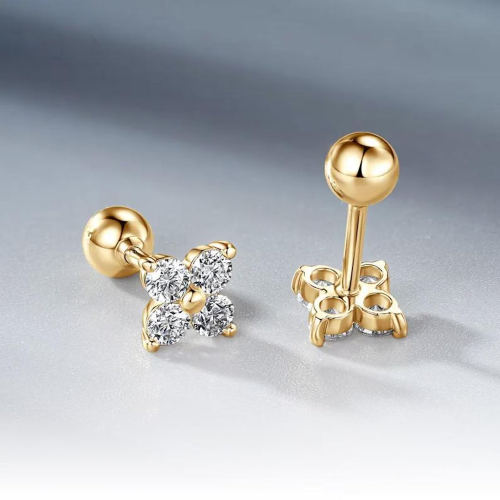 14K Gold - Four Leaf Clover Moissanite Stud Earrings