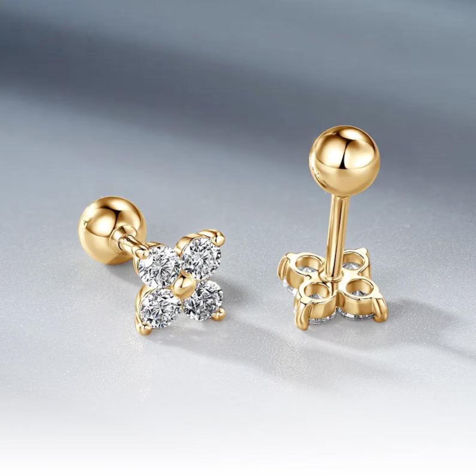 14K Gold - Four Leaf Clover Moissanite Stud Earrings